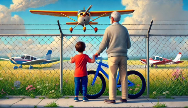 Boy and Old Man at Airport Fence