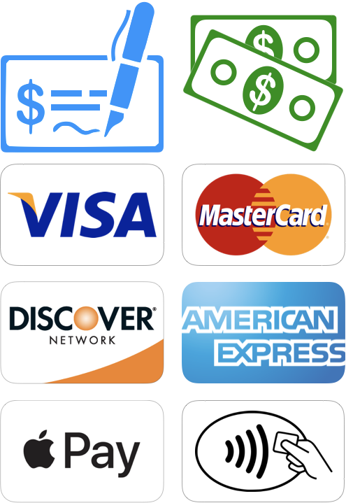 Check, Cash, Visa, MasterCard, Discover, American Express